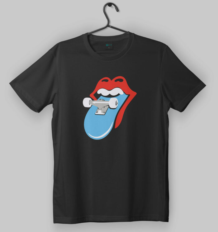 Rolling Stones Skateboard Tongue Design Black T-Shirt