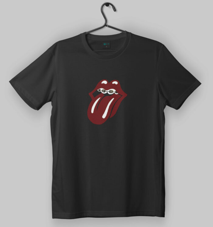 Rolling Stones Tongue with Braces Design Black T-Shirt